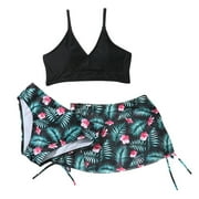 GYRATEDREAM Girls 3 Piece Swimsuit Bathing Suits Tropical Floral V-Neck Bikini Sets Adjustable Shoulder Straps Swimwear with Cover Up Skirt, 9-10 Years